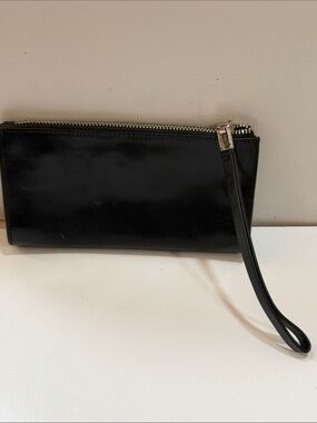 Monsac Black Leather Wristlet Pouch with Silver Zip
